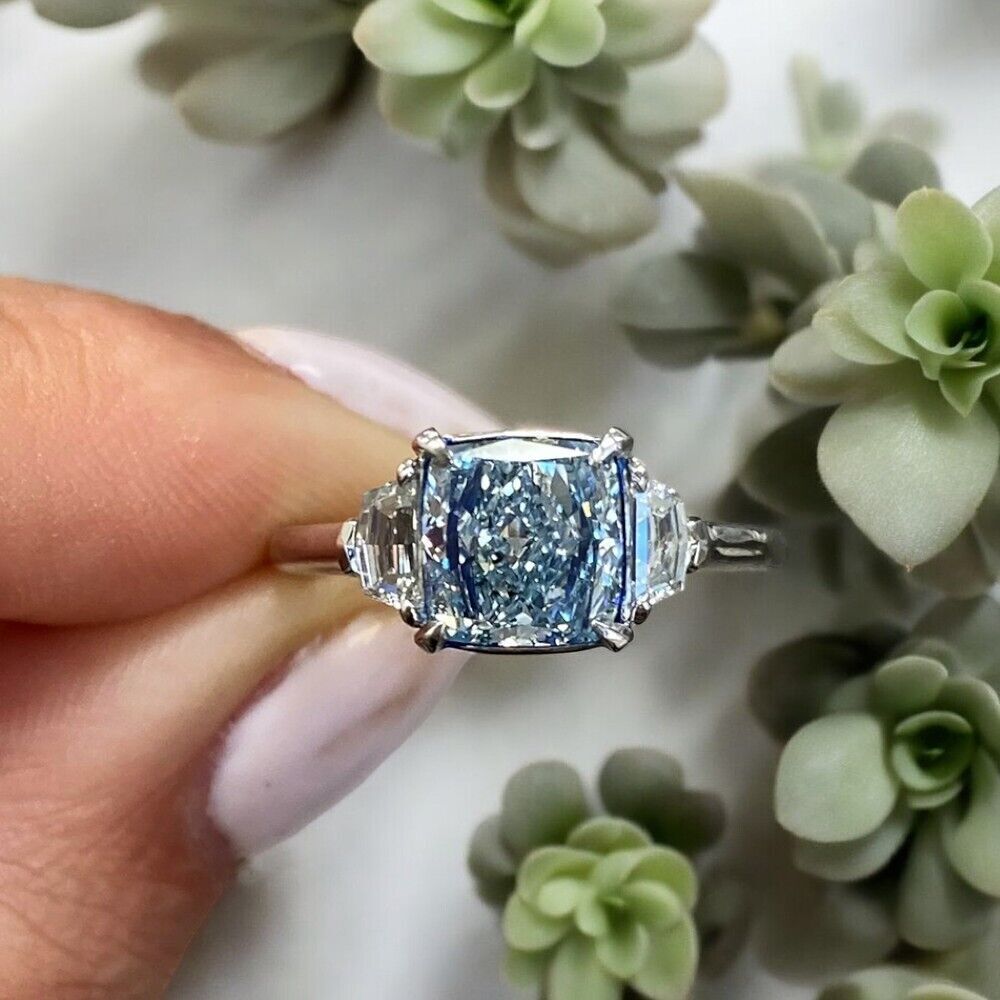 Cushion Diamond Fancy Vivid Ring 2.21 Carat IGI Lab Grown 14K White Gold Size 7