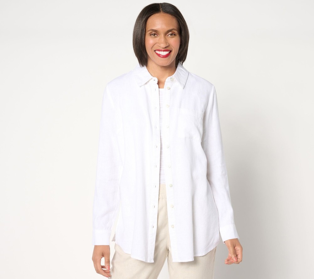 Denim & Co. Women's Top Sz M Naturals Linen Blend Regular White A643833