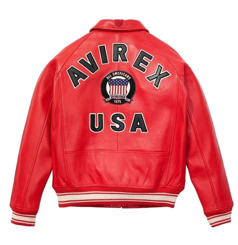 Men Avirex red Real Bomber American Flight Jacket Faux Leather Jacket for Men