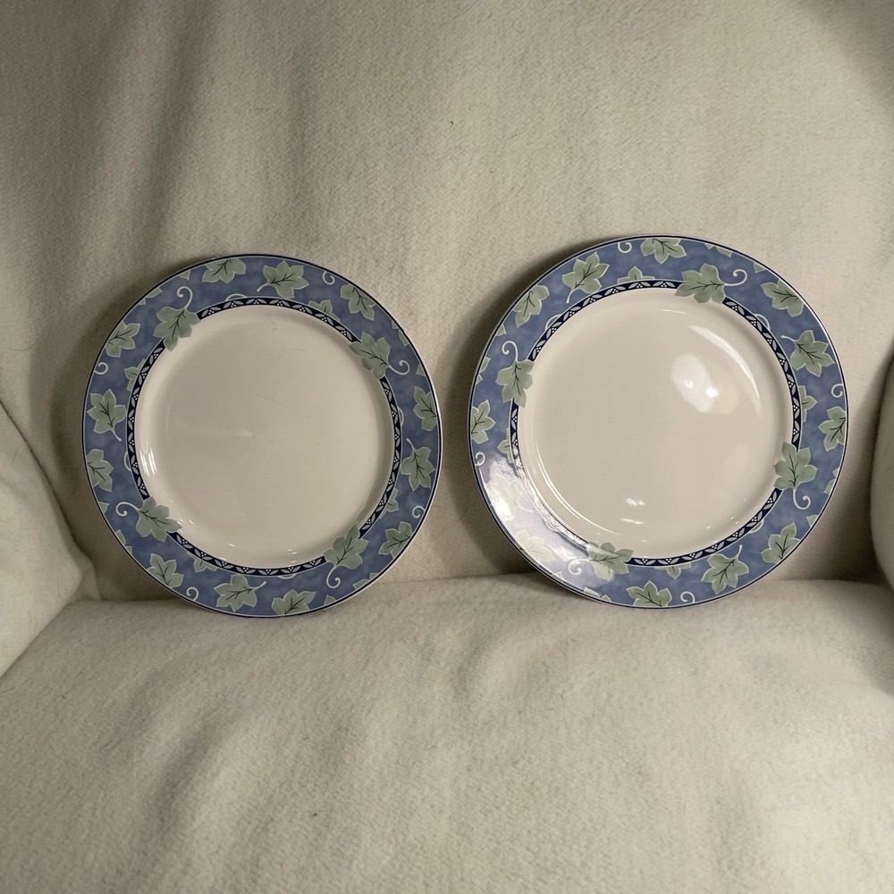 Vtg Pfaltzgraff Blue Isle Salad Plates Blue & Green Leaf Pattern 7.75” Set 2