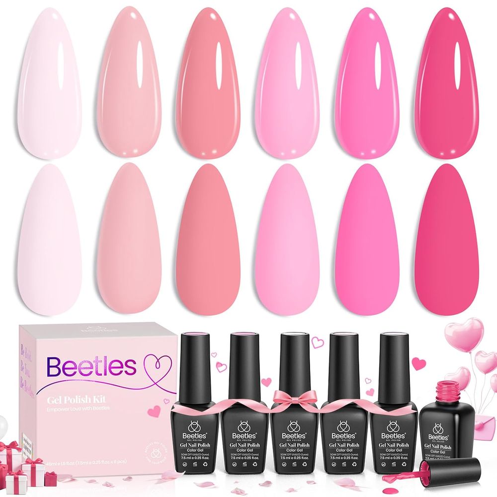 Beetles Valentines Gel Polish Set - Pink Melody 6 Colors Gel Polish Set, Nude Li
