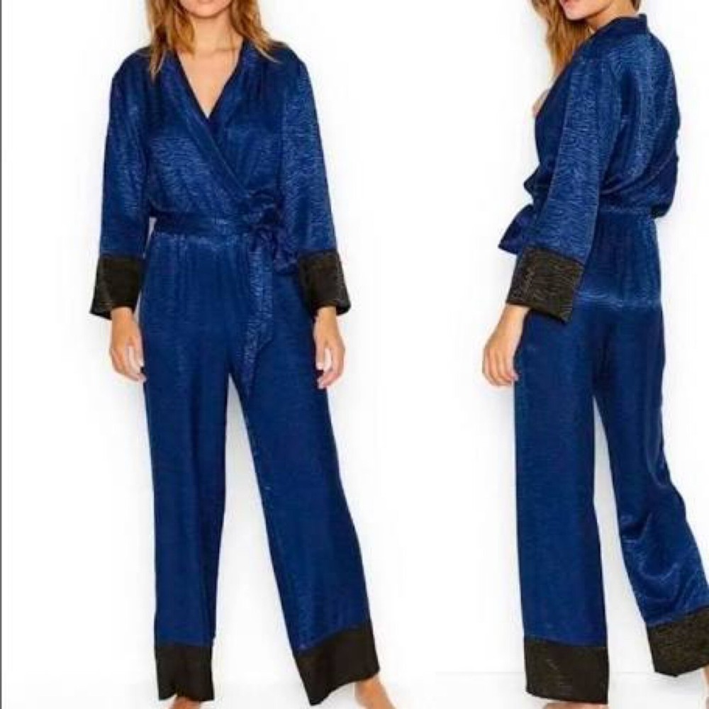 Victoria’s Secret Satin Zebra Jumpsuit Size S One Piece Navy Pajamas NWT