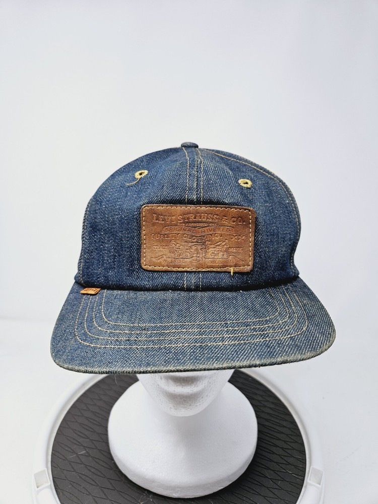 Vintage Levi Strauss Denim Hat Cap Leather Patch Orange Tab Strapback RARE