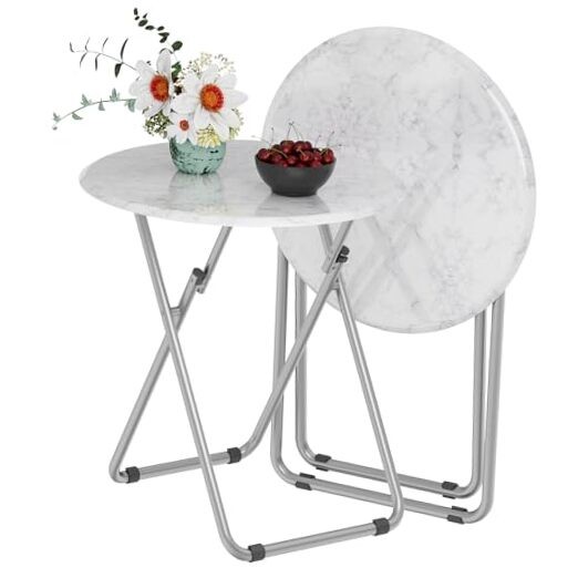 TV Tray Table, Round Folding Table, Foldable Snack Tray for 2pcs White Marble