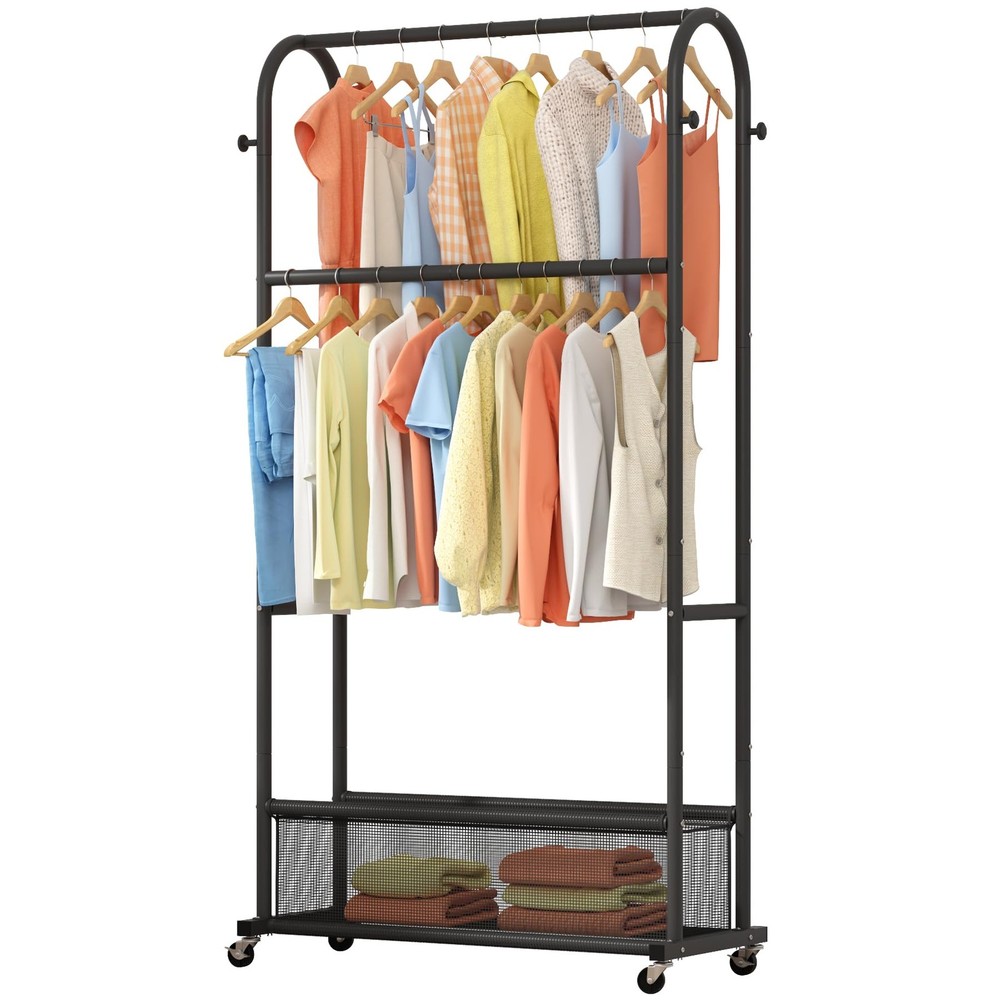 Double Rod Rolling Clothing Rack for Hanging Clothes Coats Scarves Storage Organizer-image
