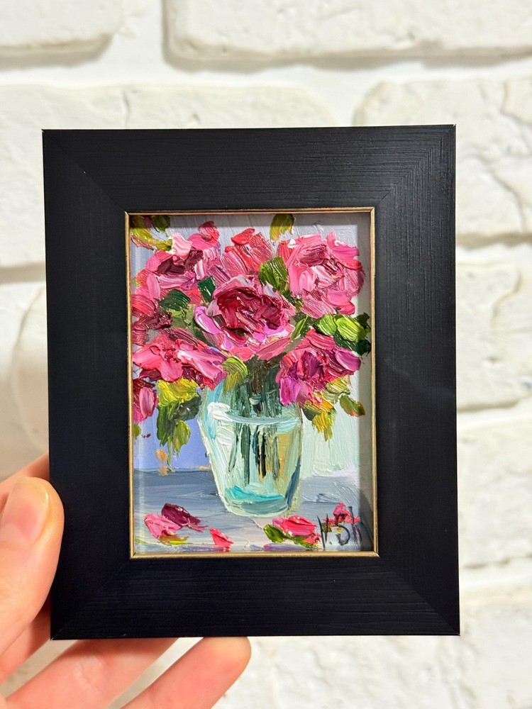 Framed ACEO Original Oil Painting Roses Flowers Vase Art Impasto Signed