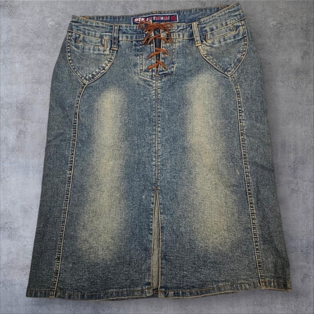 Vintage One Tuff Babe Y2K Corset Lace Up Front Slit Jean Midi Skirt Size 5/6 H39