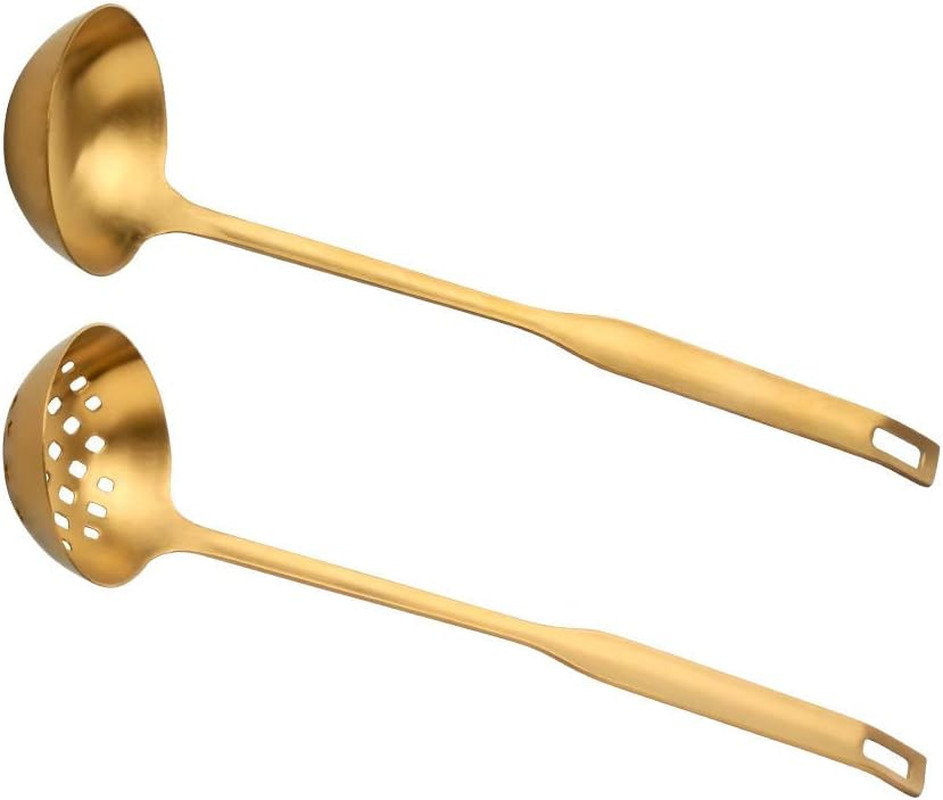 2 Pieces Gold Metal Soup Ladle Colander Set, Long Handle Stainless Steel Kitchen