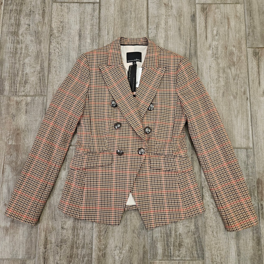 Banana Republic Blazer Womens Size 2 Double-Breasted Plaid Cadet Camel Tan NEW