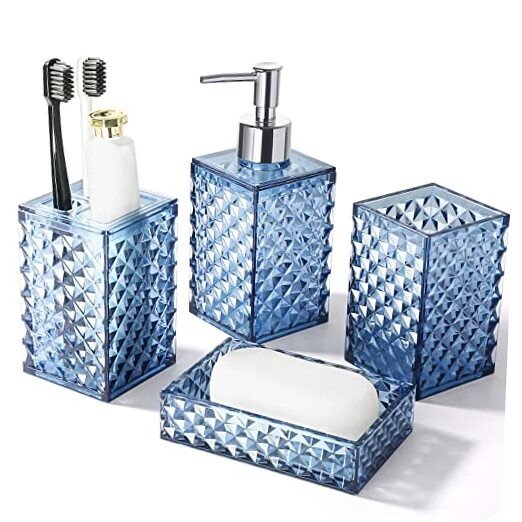 4-Piece Blue Acrylic Bathroom Accessory Set with Soap Dispenser