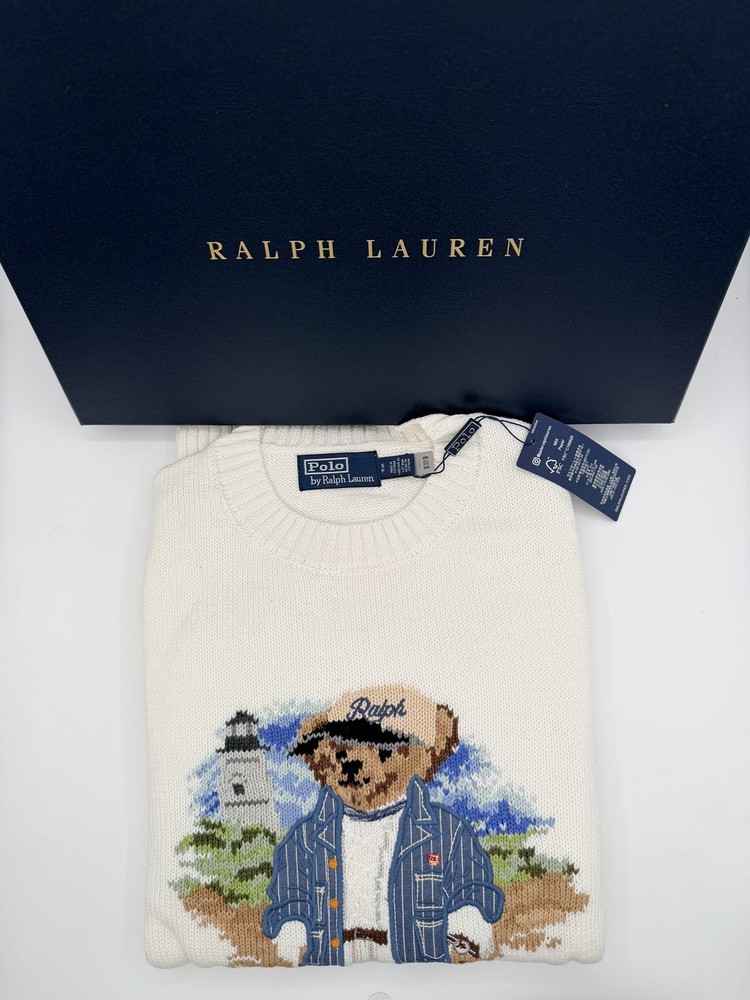 Ralph Lauren Sweater Polo Bear Men’s Small White Lighthouse Pullover Crewneck