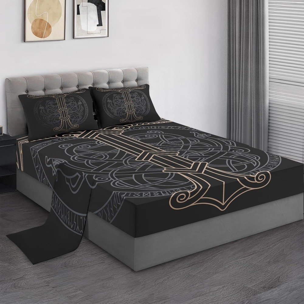 4 Pieces Queen Size Bed Sheet Sets, Tree Viking Norse Soft Microfiber Bedding Se