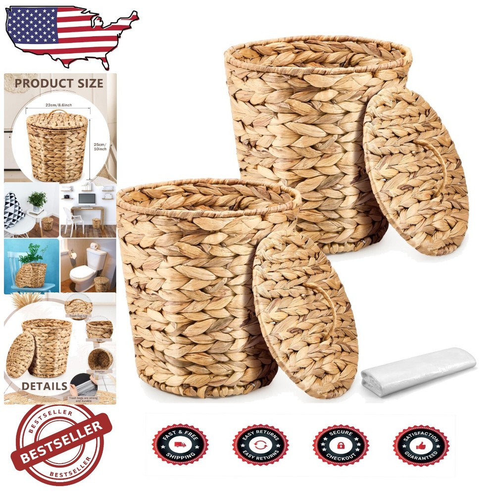 Elegante juego de 2 botes de basura de mimbre con 100 bolsas de basura - Elegante solución de residuos