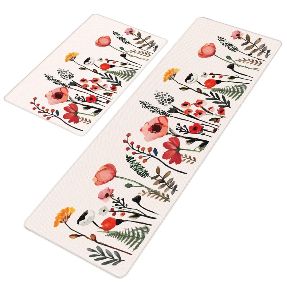 Floral Anti-Slip Kitchen Mats Set of 2 – Waterproof & Cushioned 17x47 & 17x29