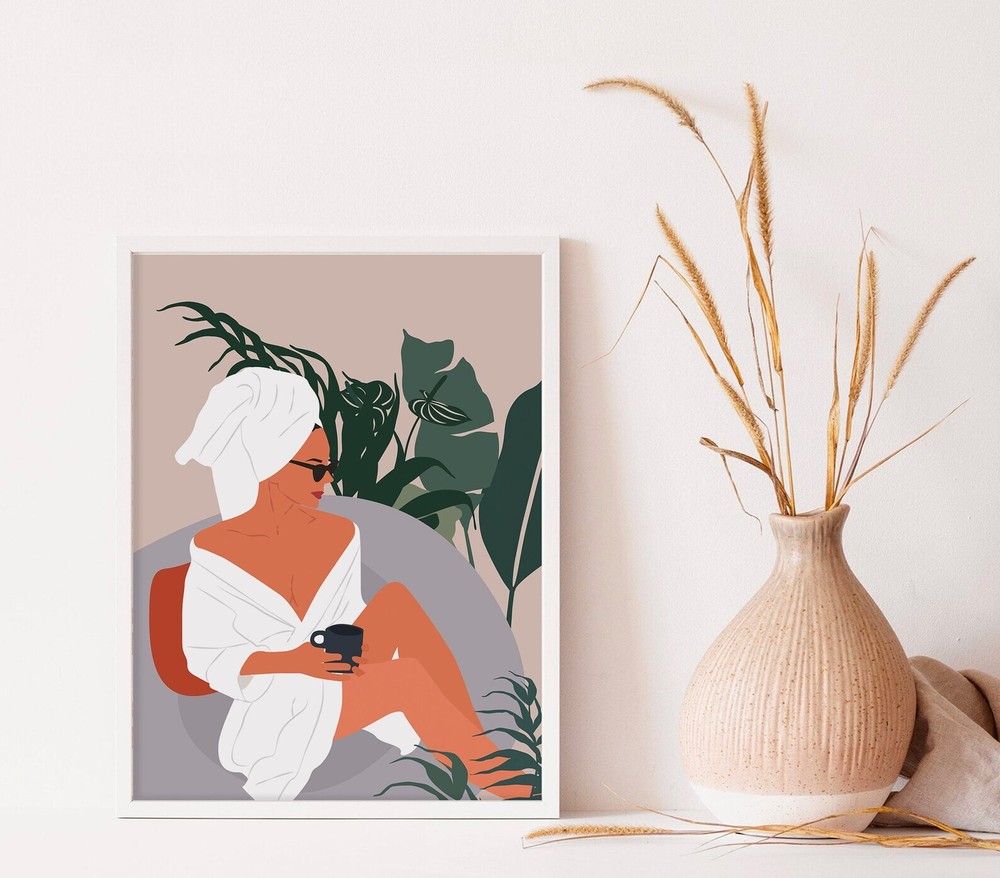 Modern Woman Wall Art Coffee Lover Gift Earthy Tone Print Abstract Female Print