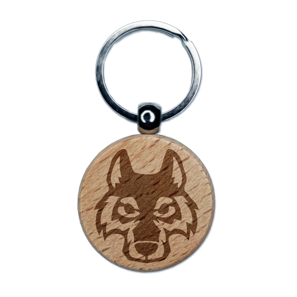 Wolf Head Engraved Wood Round Keychain Tag Charm