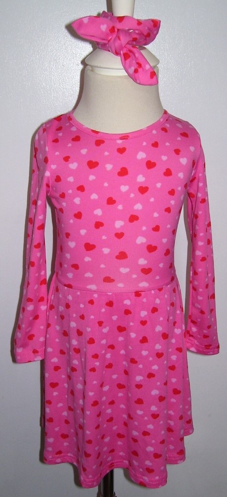 Btween 2 Pc Soft Long Sleeve Pink Red Heart Dress & Hair Band Valentine's Day 2T