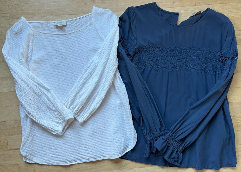 Lot Of Two The Loft/Loft Outlet Sze M Blouses White Boat Neck & Navy Yoke Blouse