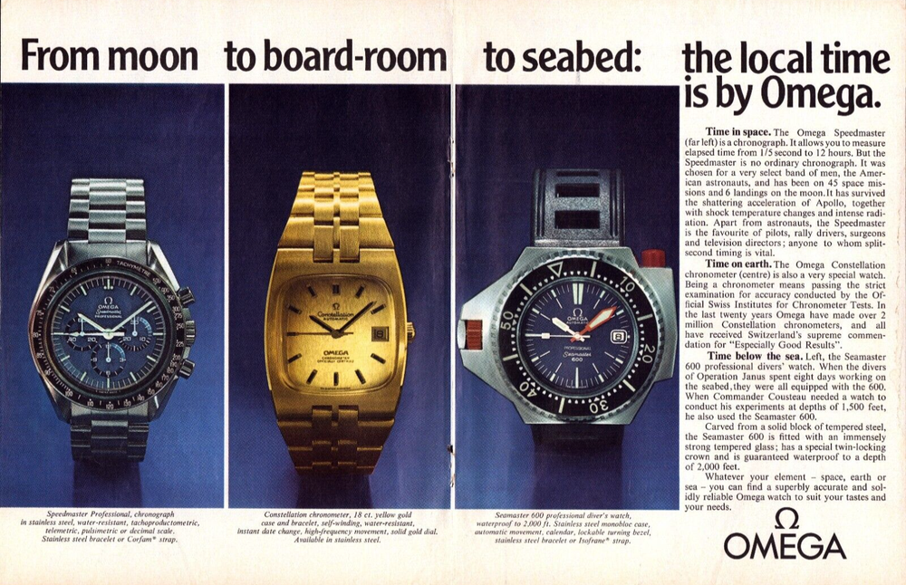 OMEGA Speedmaster From Moon To Seabed Original 1973 Vintage Print Ad 2 Pages!!