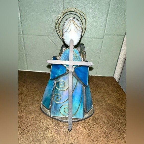 Vintage Blue Stained Glass Angel Halo Metal Cross Christmas Decor
