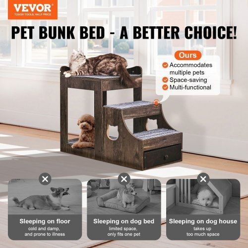 Gray Pet Bunk Bed with Stairs and Storage for Cats or Dogs