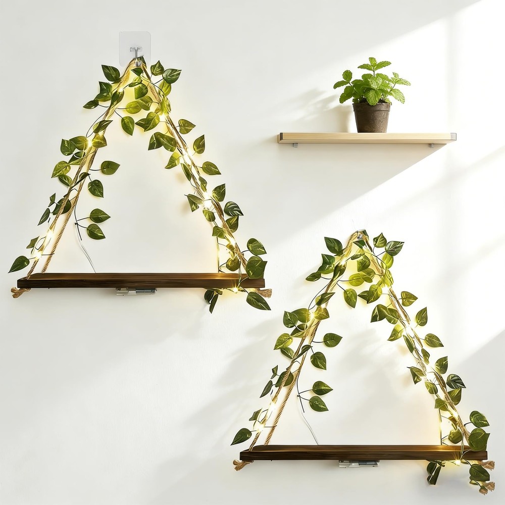 Hanging Shelves Set of 2, Floating Shelf for Plant Wall Decor No Drilling, Co...