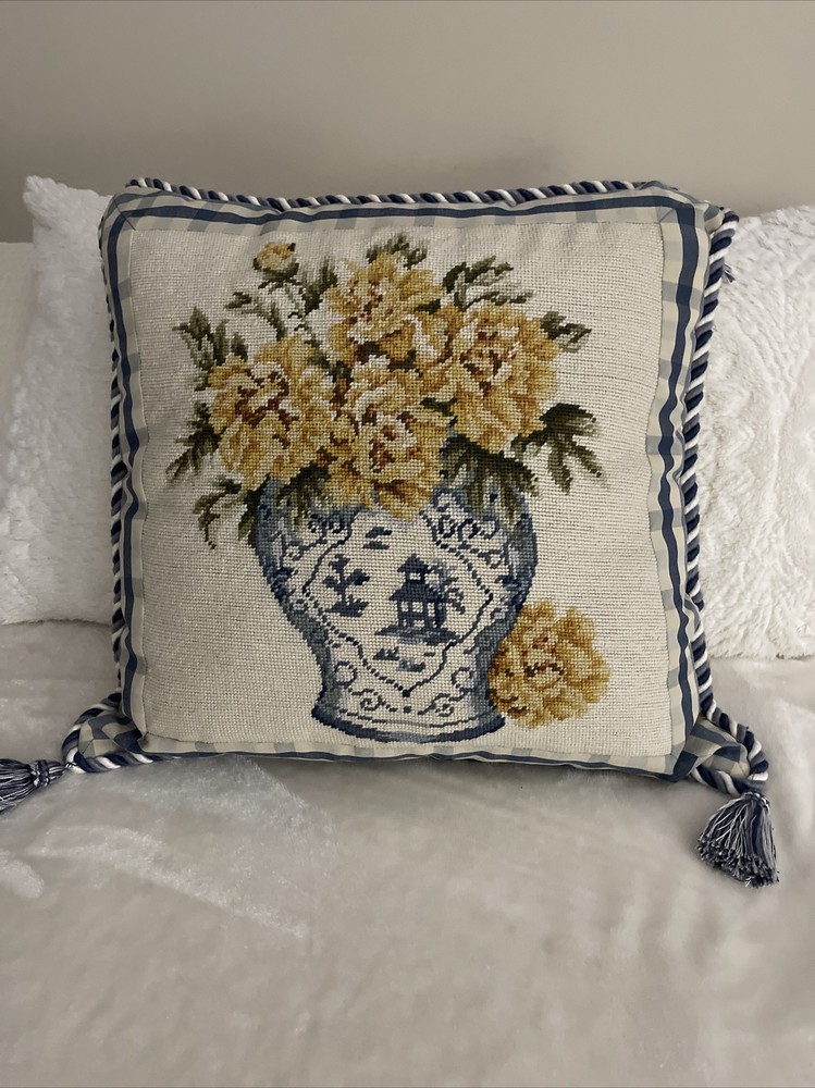 Needlepoint Chinoiserie Vase Yellow Blue Floral Throw Pillow Wool Velvet 21x19