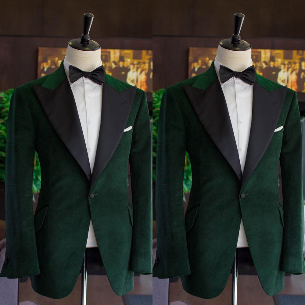 Velvet Men's Suit Peak Lapel Prom Army Green Tuxedo Jacket Peak Lapel 2Pcs