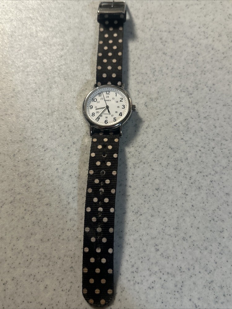 Timex Indiglo Silver-Tone Watch with Black and Peach Polka Dot Dial - Battery Replacement Needed