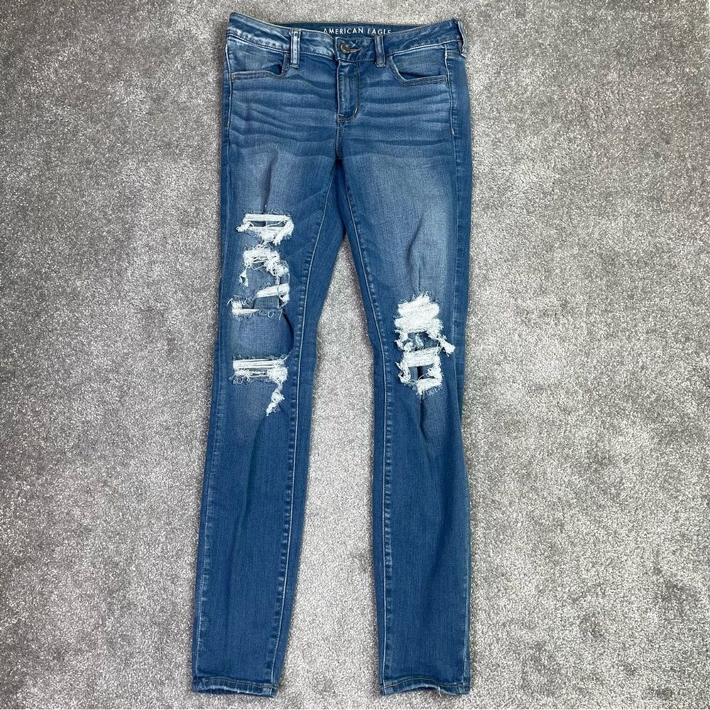 American Eagle Jeans Wome’s 10 X-Long Blue Skinny Mid-Rise Jegging Ripped