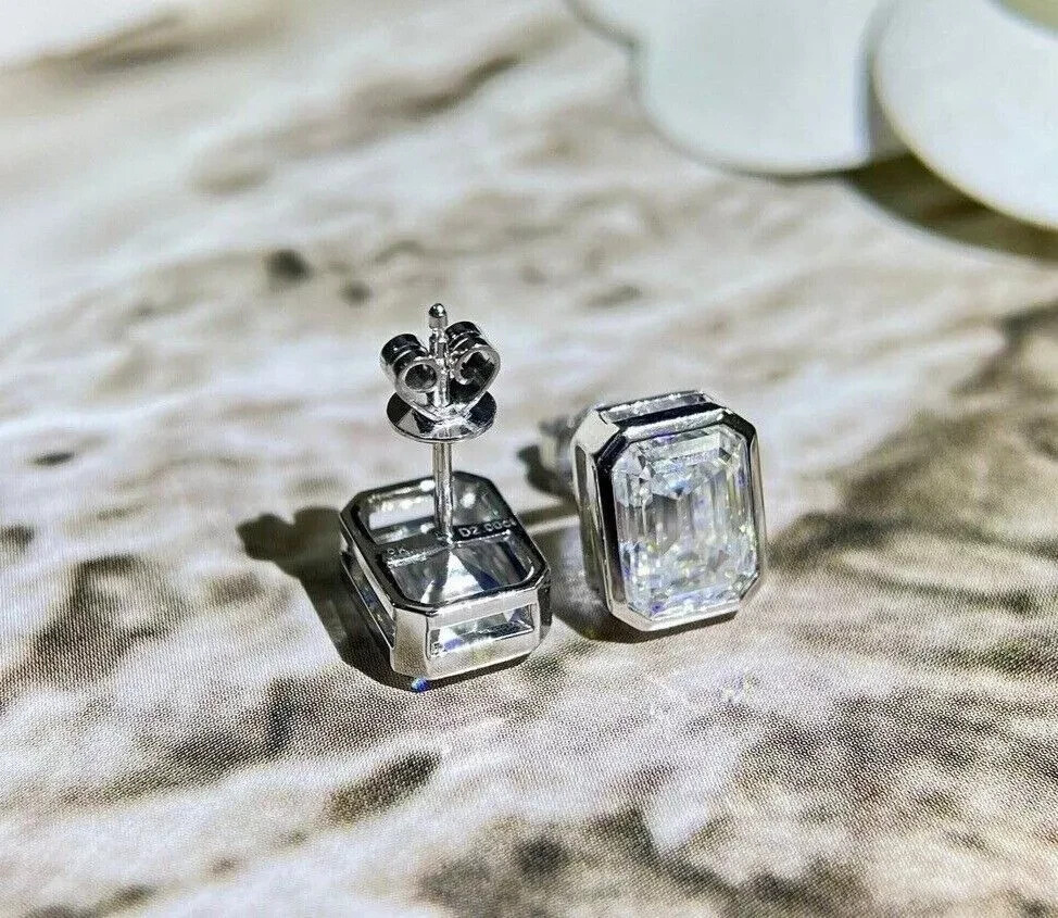 3CTW Emerald Cut Moissanite Bezel Stud Earrings in 14K White Gold
