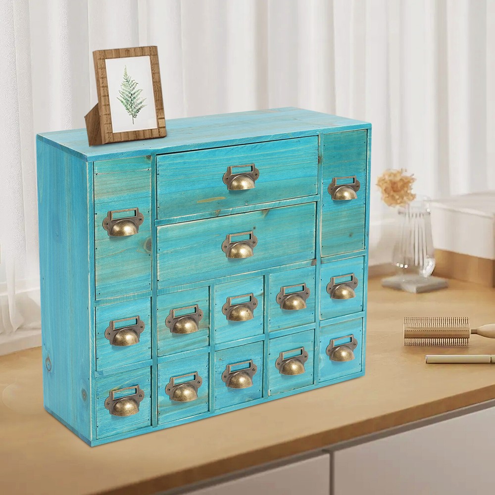 Retro 14 Drawer Storage?Cabinet Wooden Bedroom Tabletop Drawer Jewelry Organizer