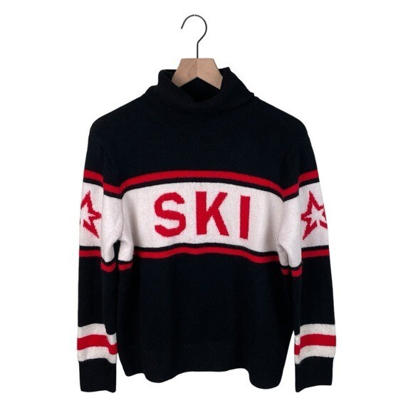CeCe Ski Motif Turtleneck Sweater Black Red White Stars Soft Knit Size Medium
