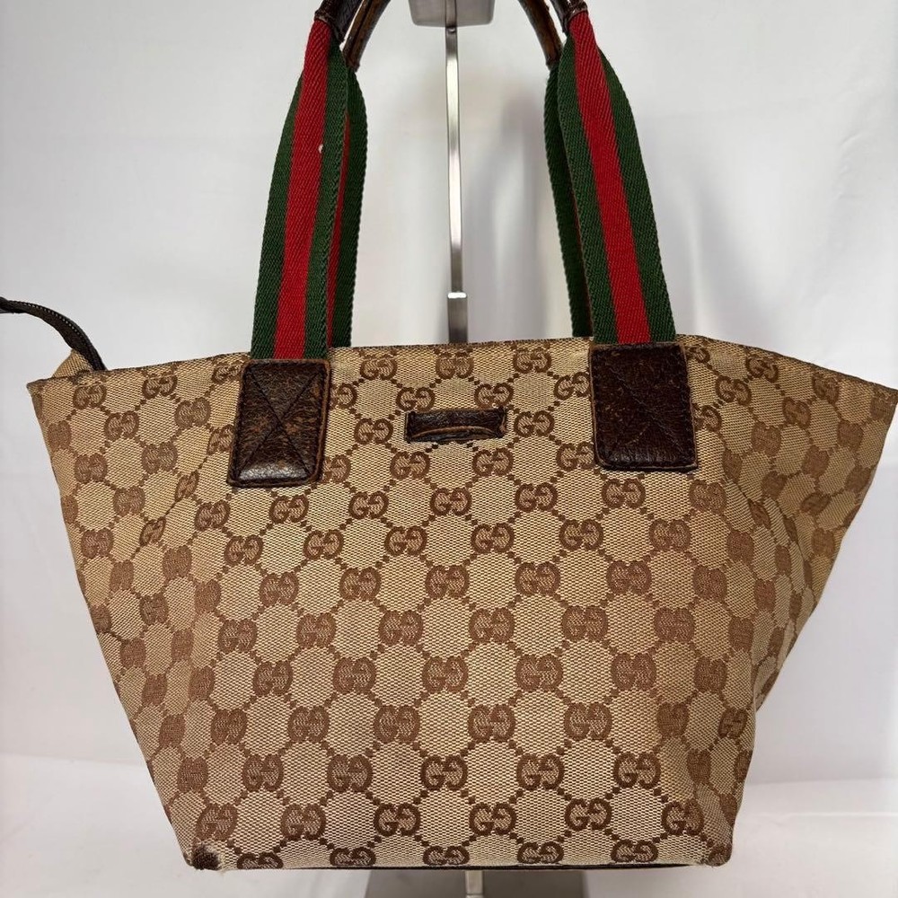 GUCCI GG Canvas Tote Bag Handbag Brown Leather Sherry Line Present from JAPAN