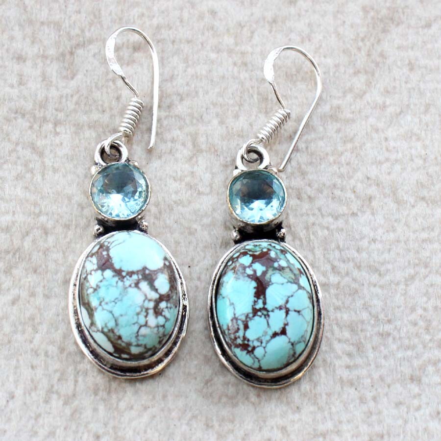 925 Silver Turquoise Blue Topaz Long Earrings 1.8 Inches by New Lander