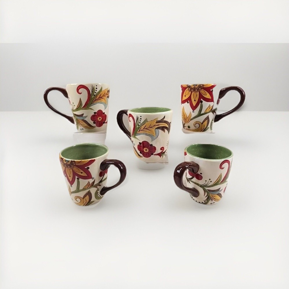 5) Pier 1 Carynthum Mugs Set Floral Red Green Yellow Drink Handle Coffee Cup Lot