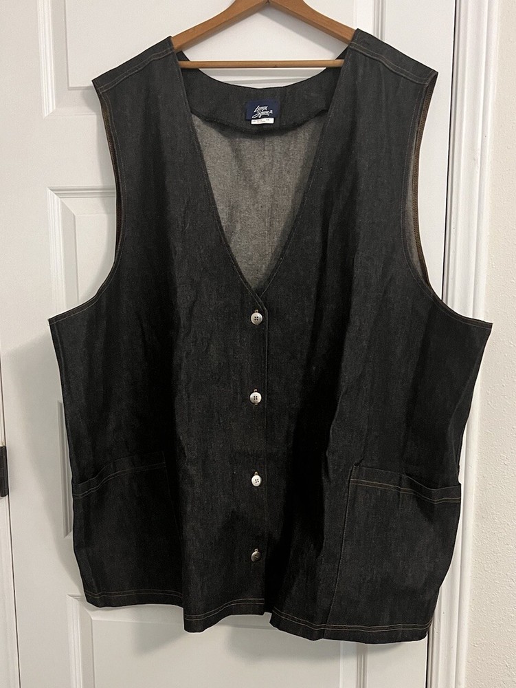 VTG Black Denim Chore Vest Women 4X Button Front Western Biker Lennox Square EUC