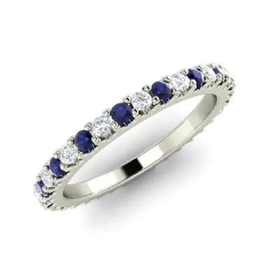 0.75 Ct Natural Sapphire & Diamond Wedding Eternity Band 14K White Gold Solid