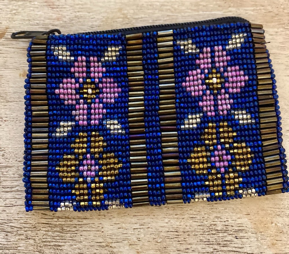 Vintage Beaded Coin Purse Zip-Top Seed-Beads Floral Design Multi-Color 4x5 Inch