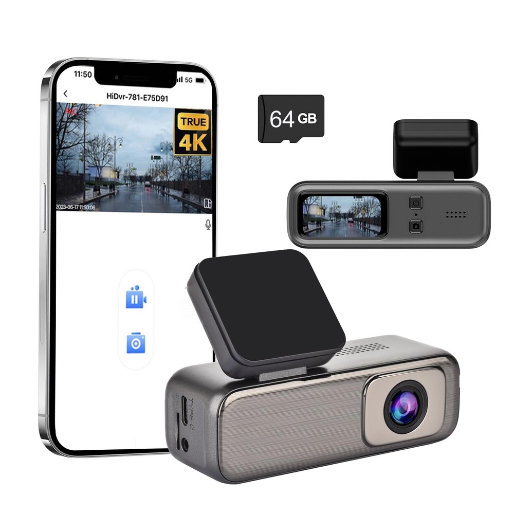 4K 2160P Dash Cam with Built-in WiFi and 64GB Card for Cars