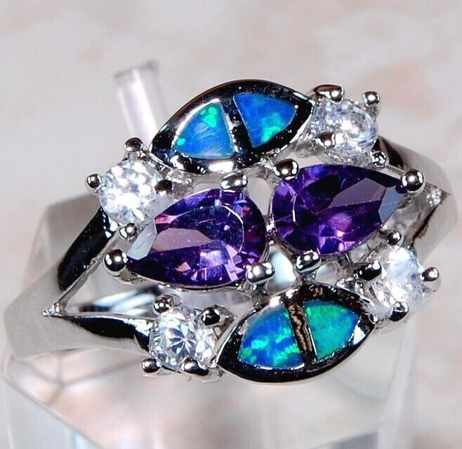 1CT Amethyst & Australian Opal Inlay 925 Solid Sterling Silver Ring Sz 6 BA2