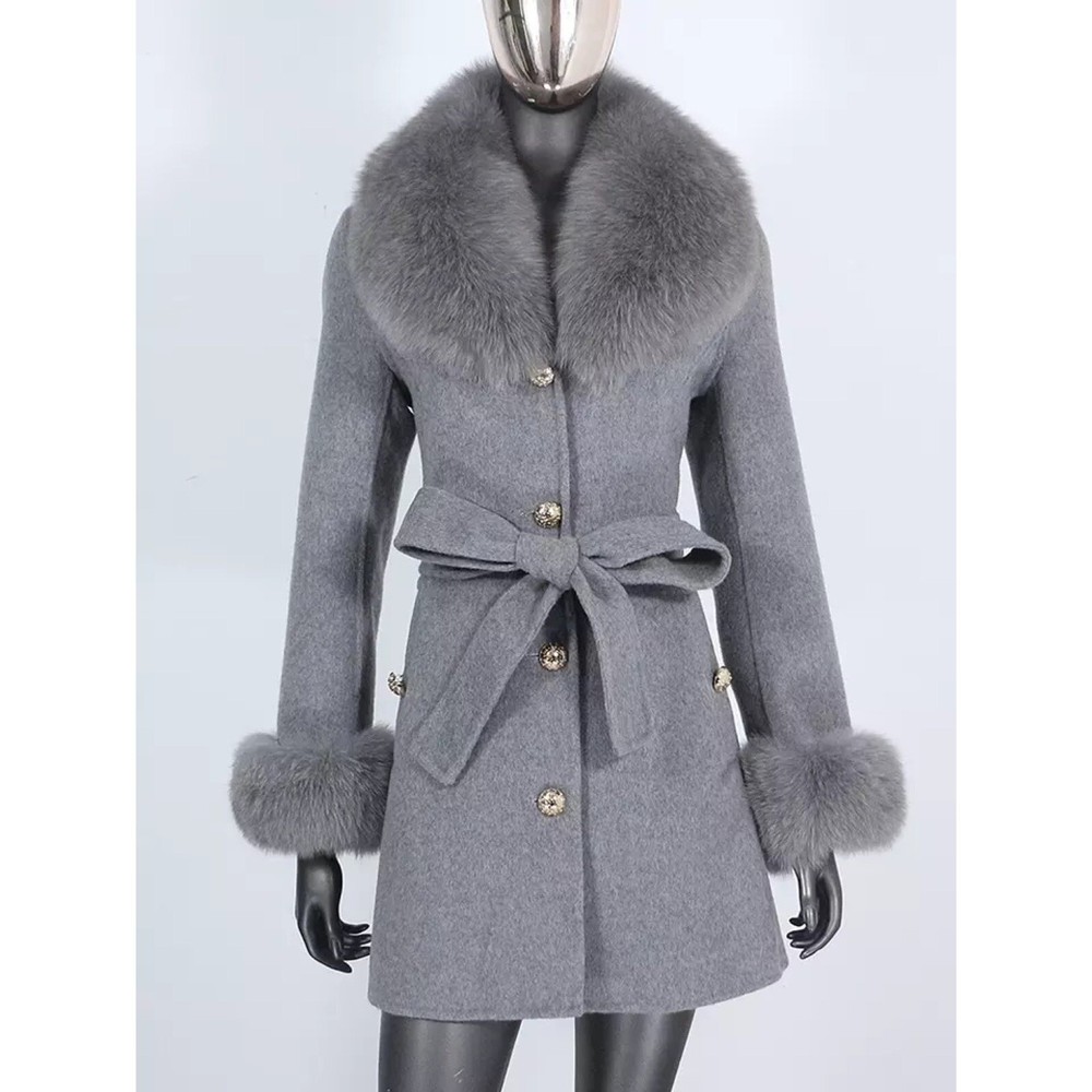 Double breasted grey wool trench coat with fox fur collar-image