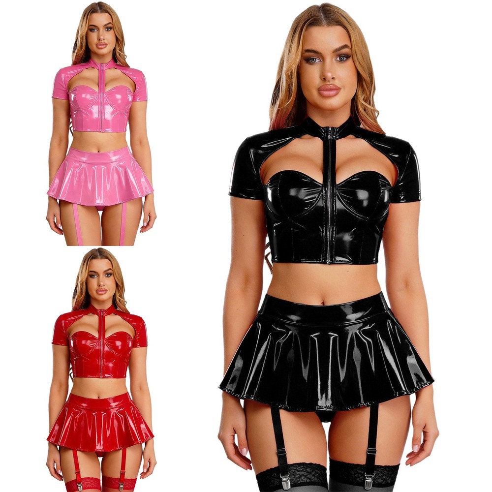 US Women Edgy Gothic Shiny Leather Cutout Bustier Crop Top Mini Skirt Garter Set