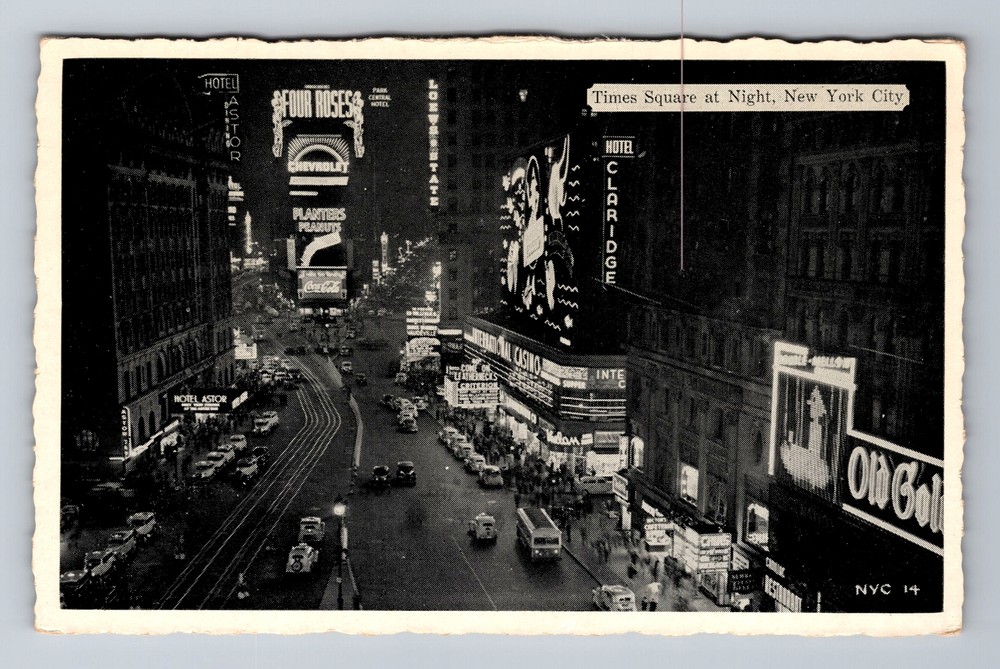 New York City NY, Aerial Times Square At Night, Souvenir, Vintage Postcard