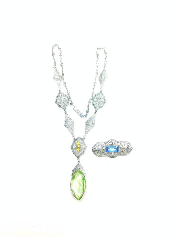 Vintage Art Deco Rhodium Plated & Glass Filigree Necklace & Brooch