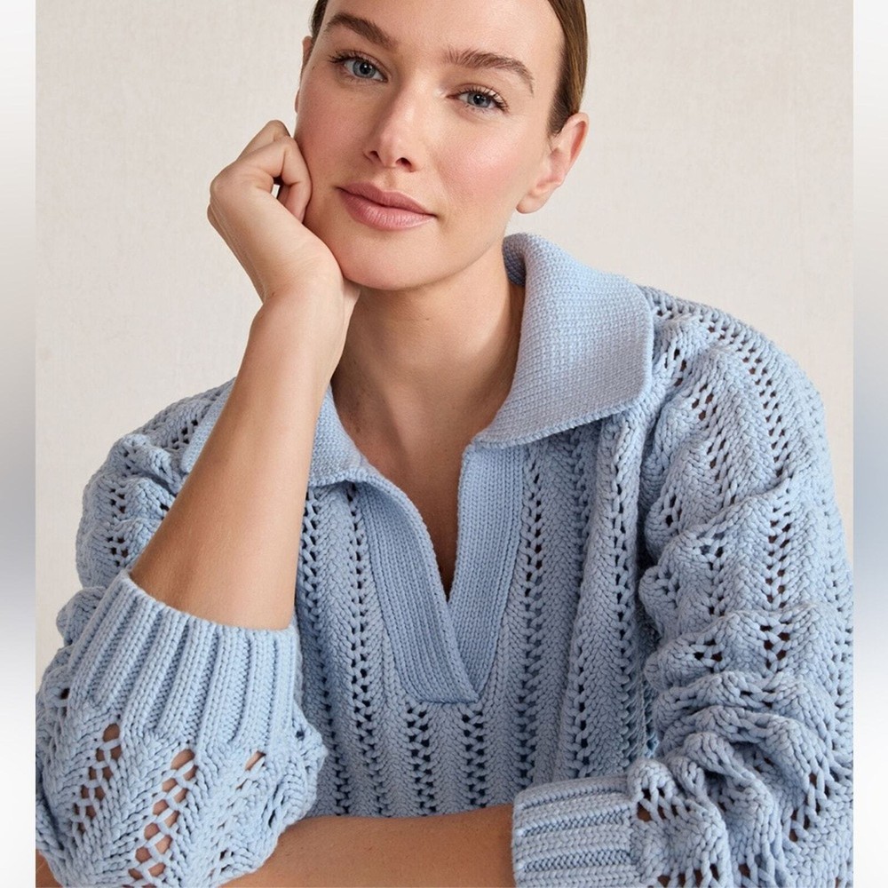 Haven Well Within Open Stitch Johnny Collar Cotton Blend Chunky Knit Sweater