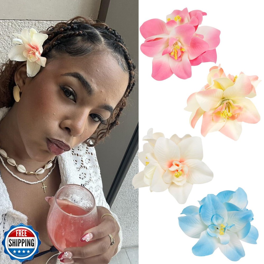 4Pcs Tropical Flower Hair Clips for Women 3.5 Inch Hawaiian Hibiscus Style