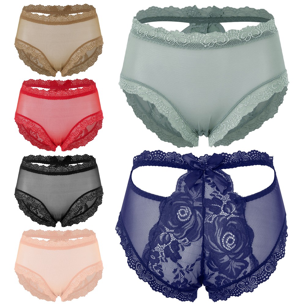 Women's Floral Lace Panties High Waist Underwear Cutout See-through Mesh Briefs