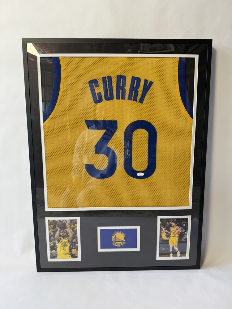 Framed Autographed Stephen Steph Curry Golden State Warriors Jersey JSA COA
