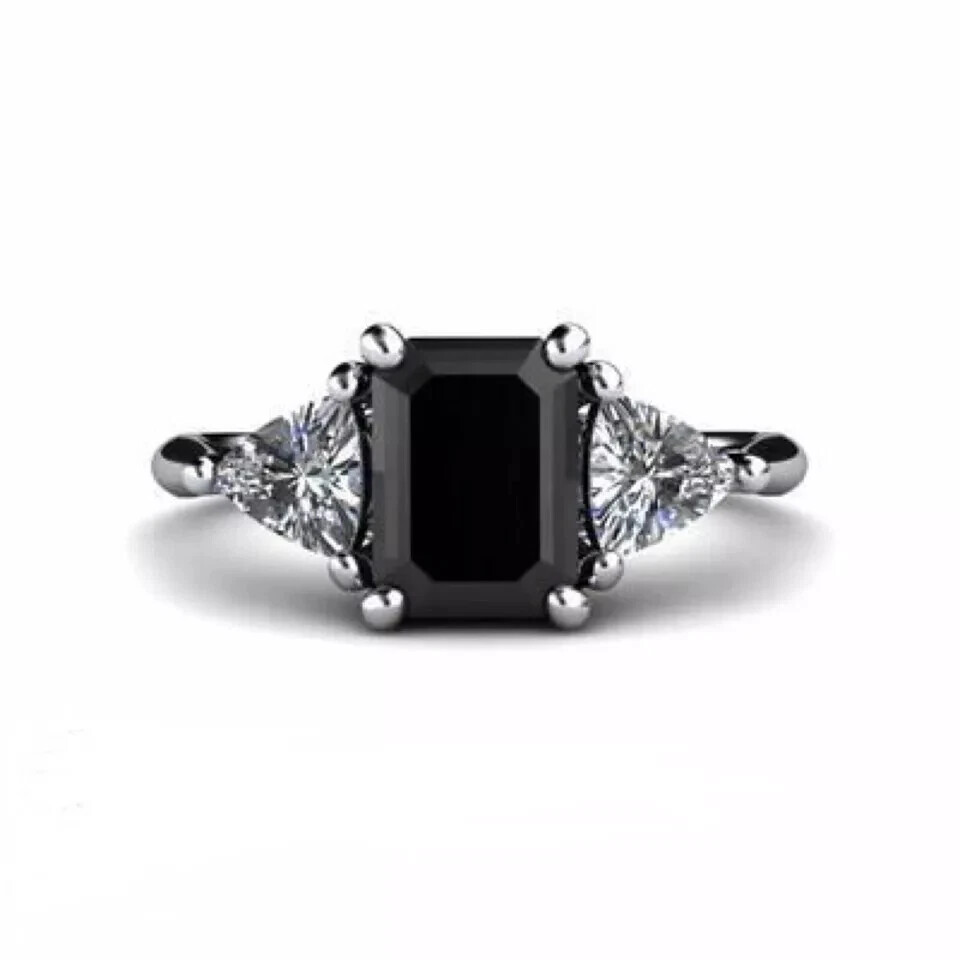 2Ct Emerald Cut Lab-created Black Diamond Engagement Ring 14K White Gold Plated